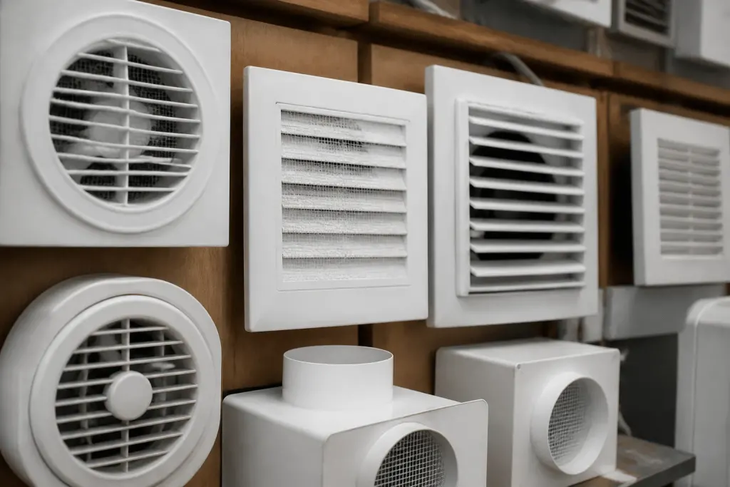 Differents modeles d'aerateurs avec grilles metalliques et boitiers blancs