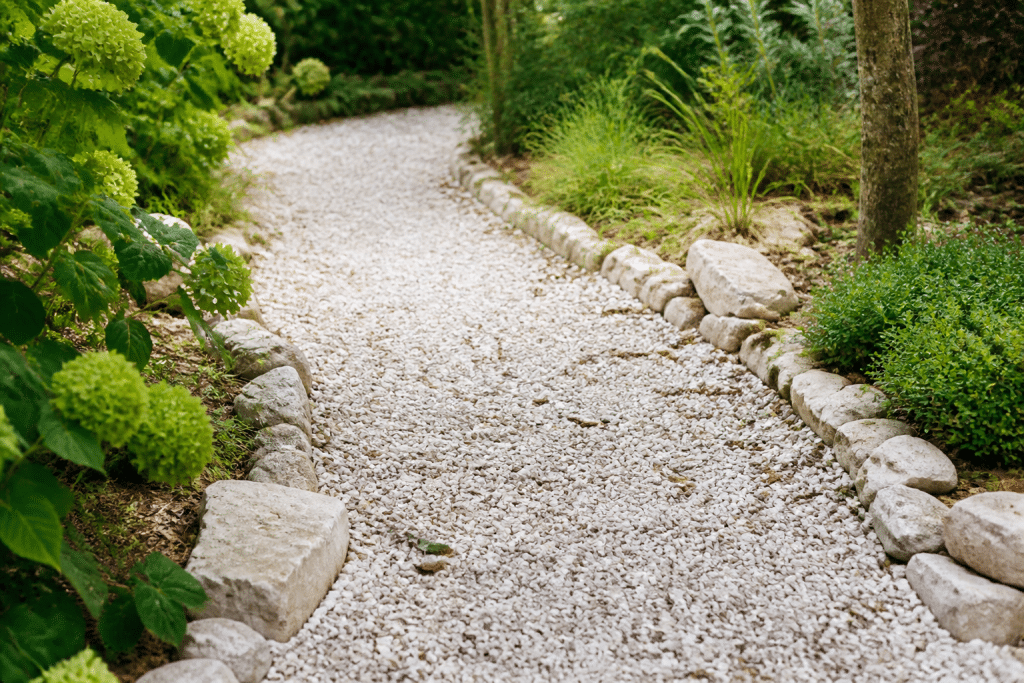 Allée de jardin avec graviers et pierres calcaires blanches