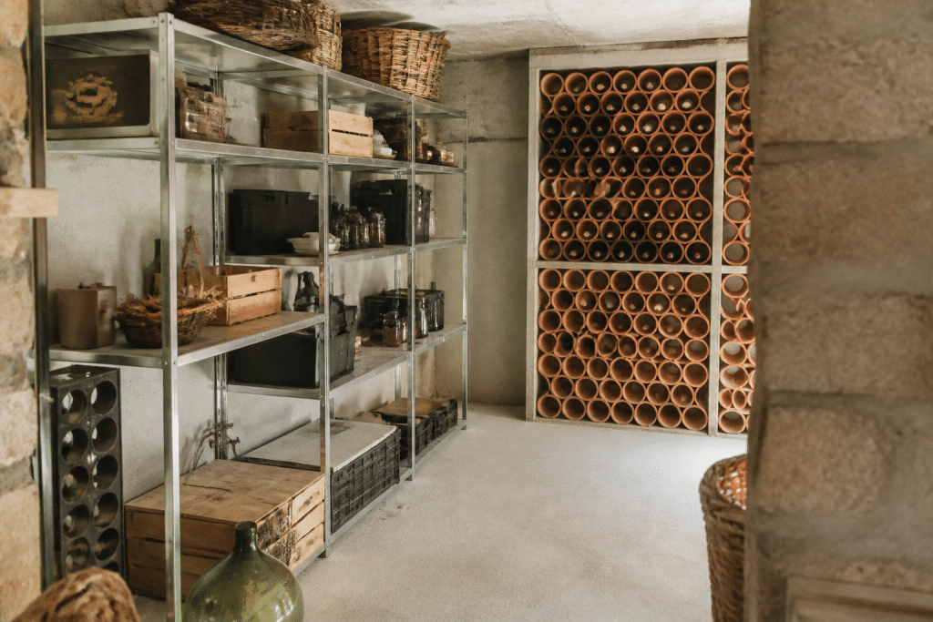 Etageres metalliques et casier vin en sous-sol