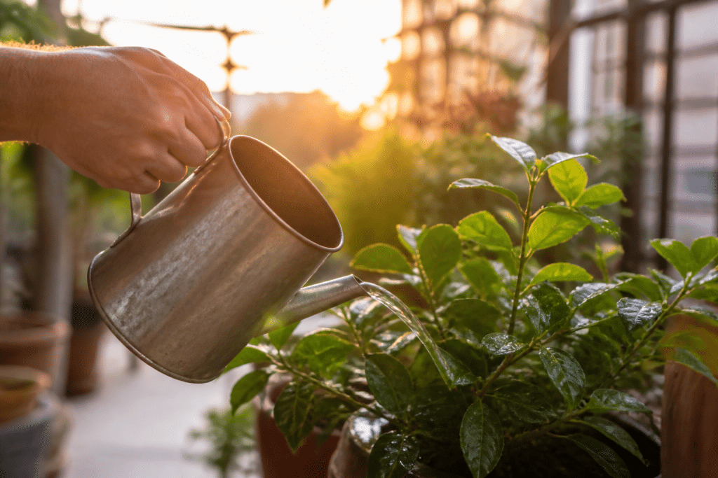 Main versant eau sur plantes vertes au lever soleil