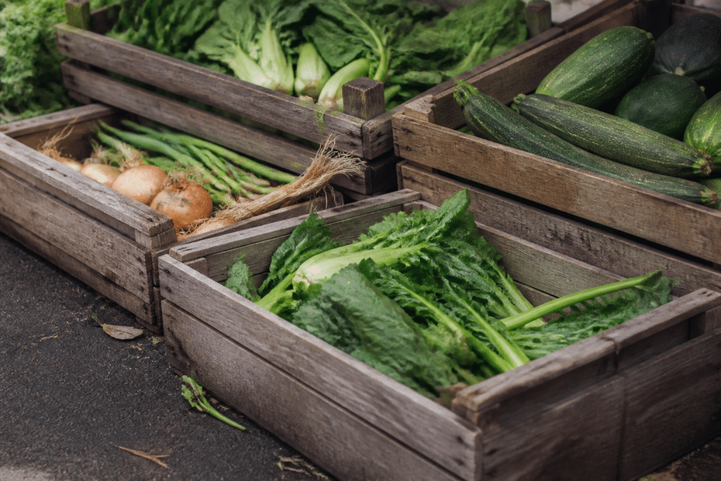 Bacs en bois de differentes tailles avec legumes