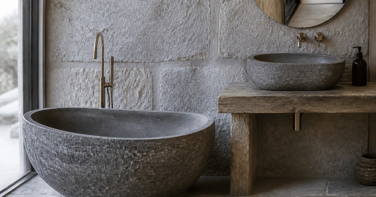 Baignoire et lavabo en pierre naturelle grise