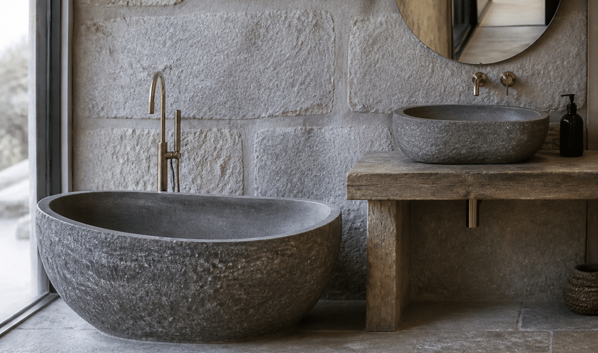 Baignoire et lavabo en pierre naturelle grise