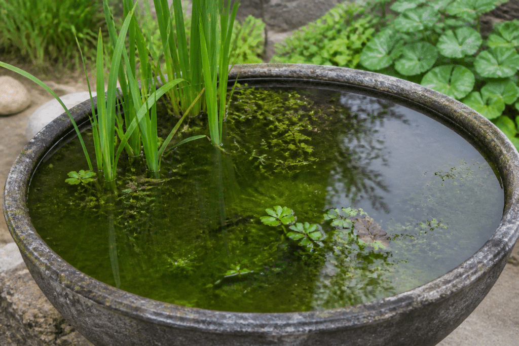 Bassin rempli d'eau verte avec plantes aquatiques installées