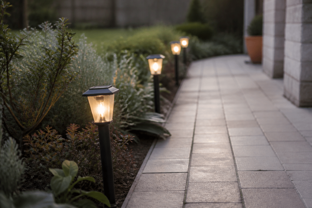 Bornes lumineuses solaires alignees le long allee jardin