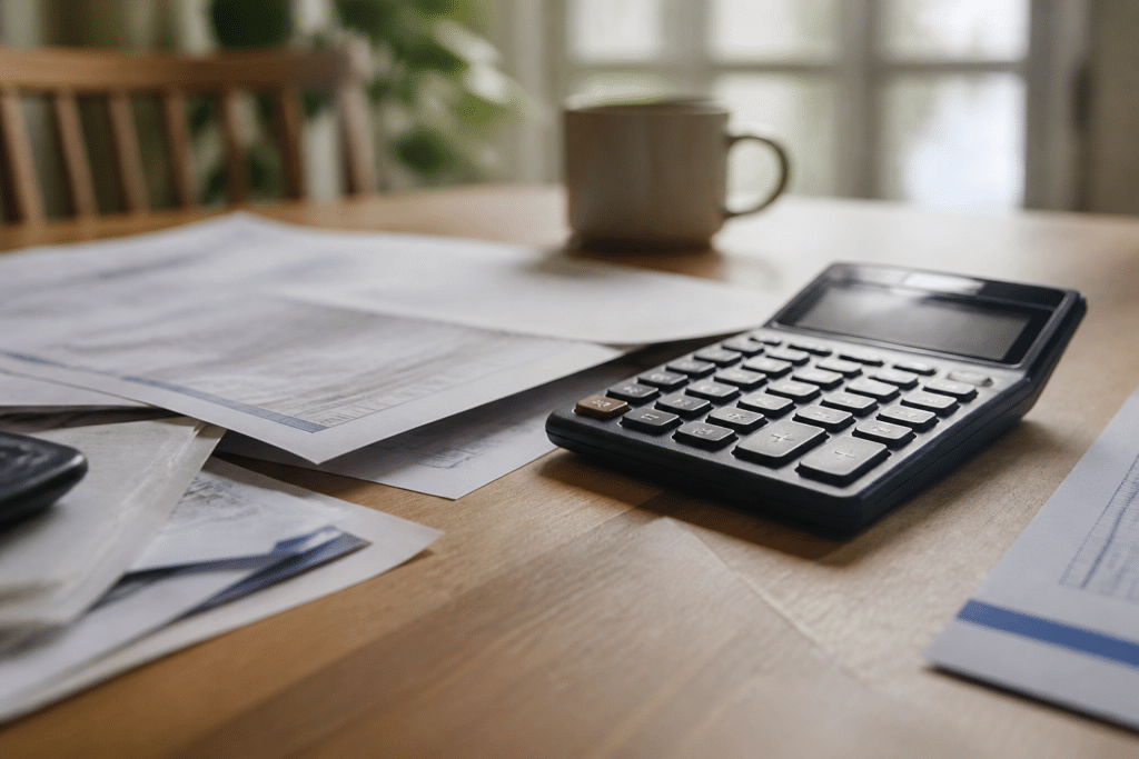 Calculatrice et documents budgetaires sur table de travail