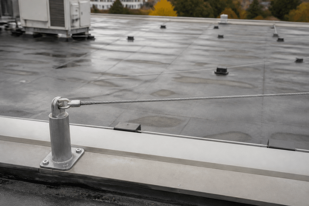 Cable de securite horizontal gris sur toit industriel