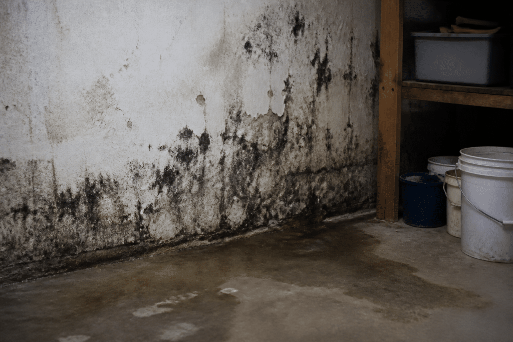 Murs de cave avec moisissures noires et peinture qui cloque