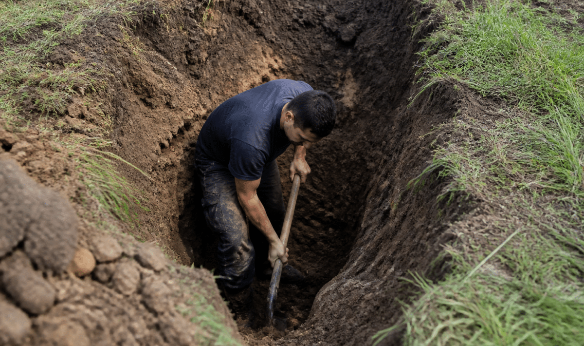 Ouvrier creusant excavation profonde sous terrain herbeux