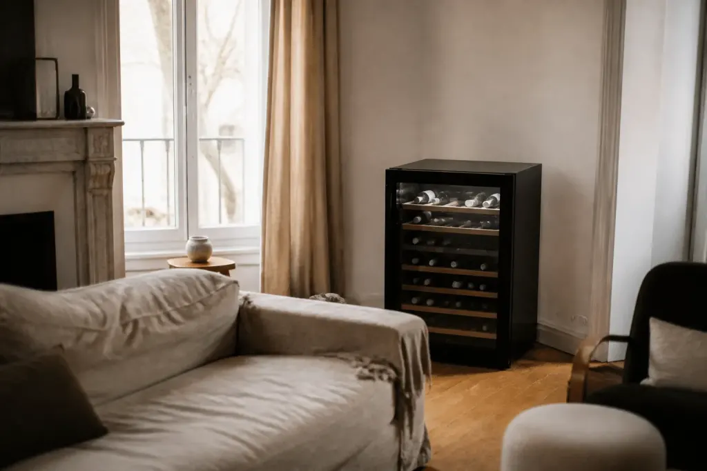Cave a vin elegante dans salon loin radiateur