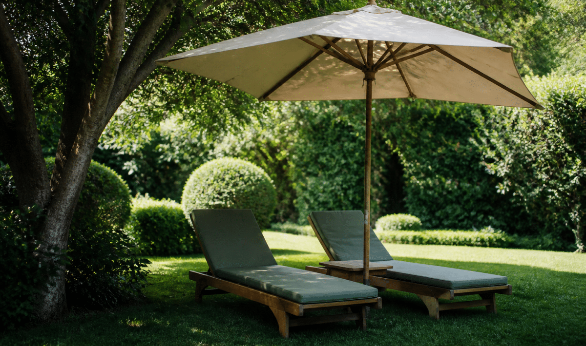 Chaises longues placees sous parasol dans jardin verdoyant