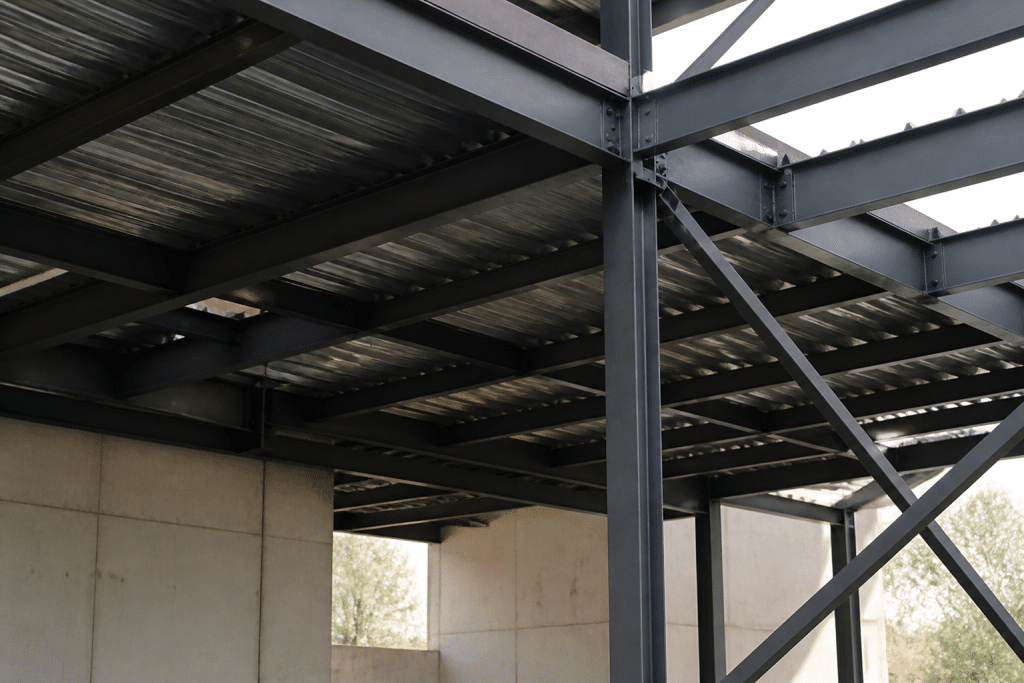 Charpente metallique grise avec poutres acier et structure rigide