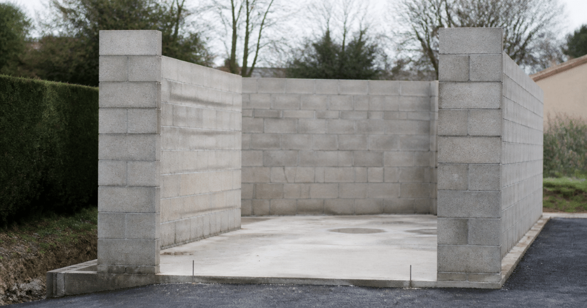 Murs en parpaings empiles verticalement formant structure garage