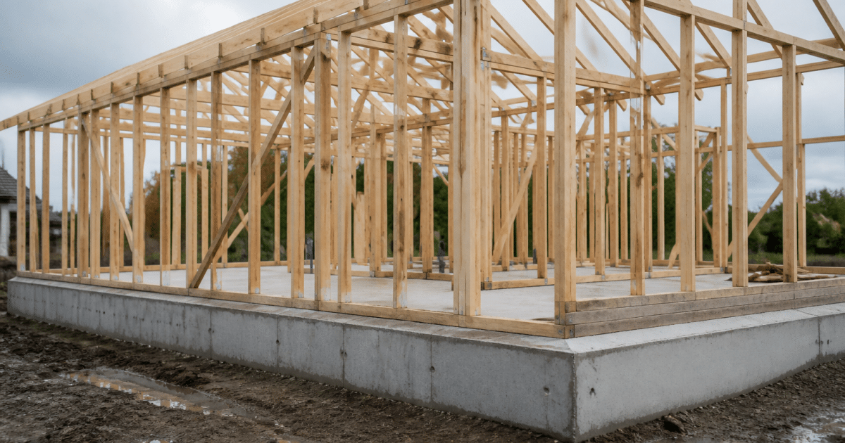 Charpente bois dressée sur fondations beton d'une maison en construction