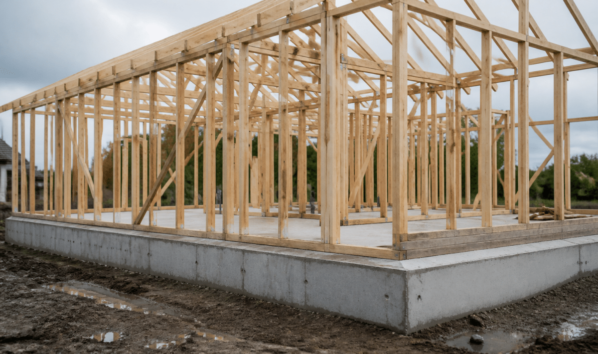 Charpente bois dressée sur fondations beton d'une maison en construction