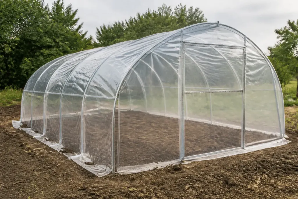 Cadre metallique serre avec bache transparente posee sol prepare