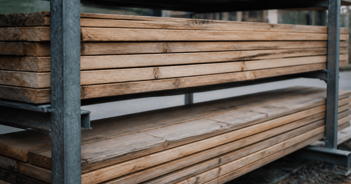 Planches bois empilees horizontalement sur structure metallique installee