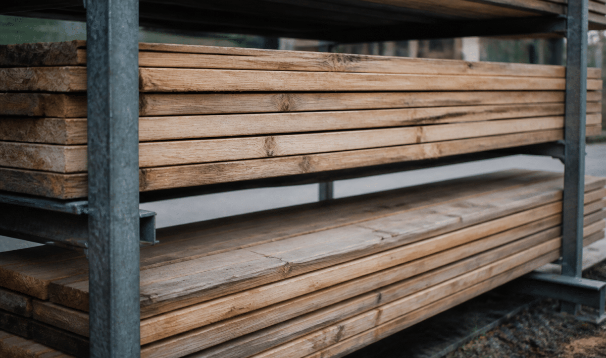 Planches bois empilees horizontalement sur structure metallique installee