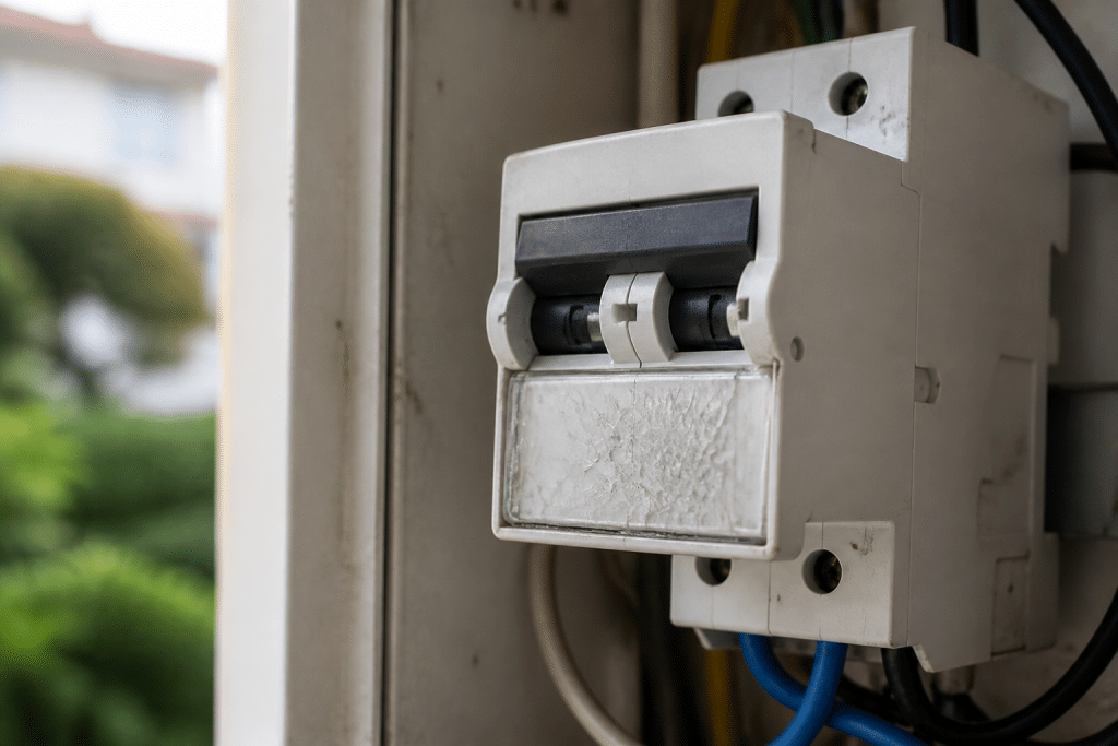 Disjoncteur électrique avec joint transparent craquelé visible