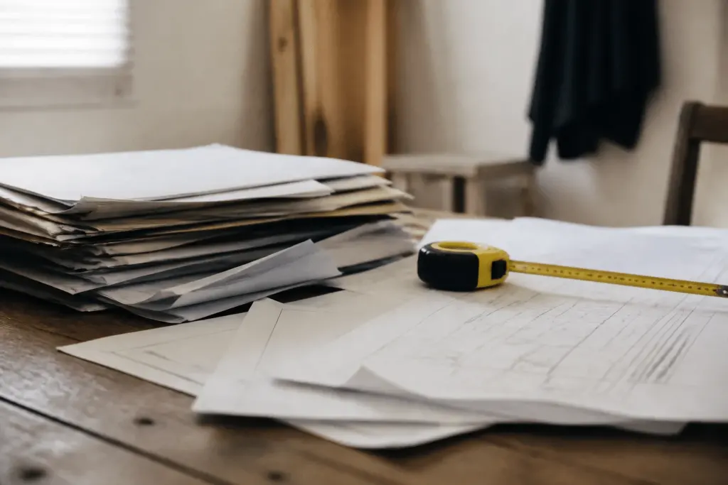 Documents administratifs et plans sur bureau avec mètre