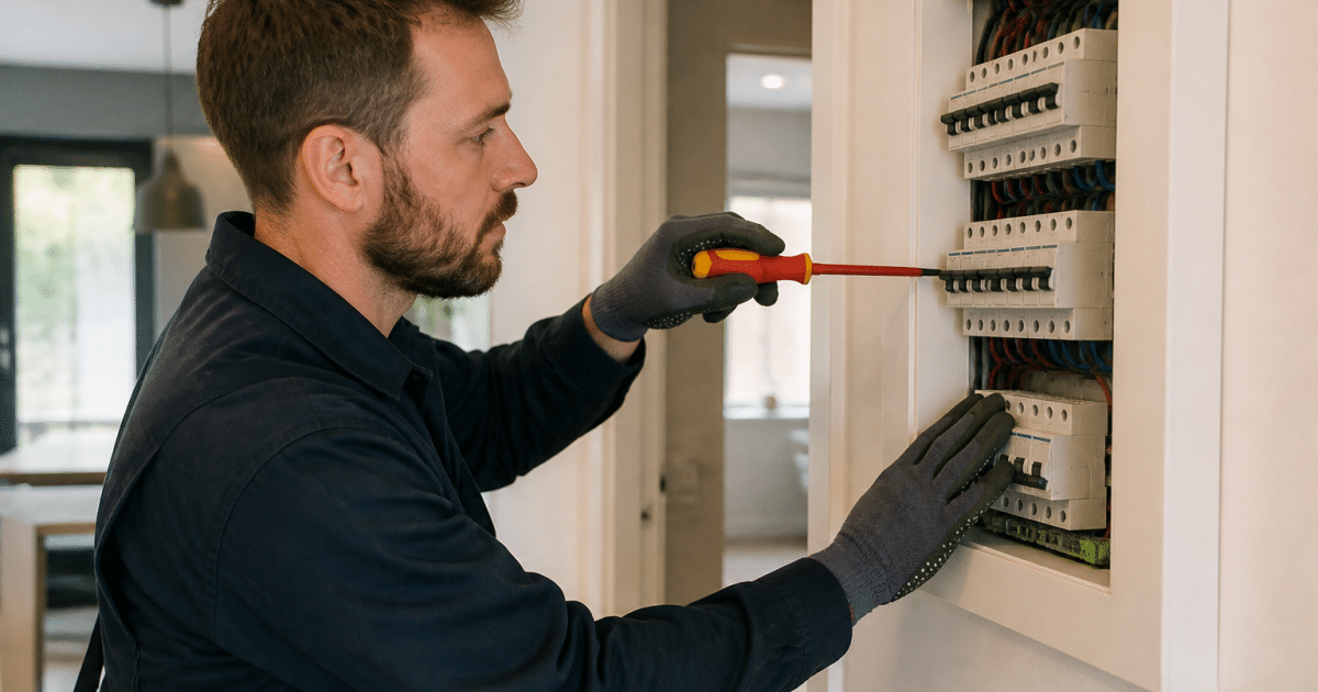 Electricien inspectant panneau disjoncteur mur maison moderne