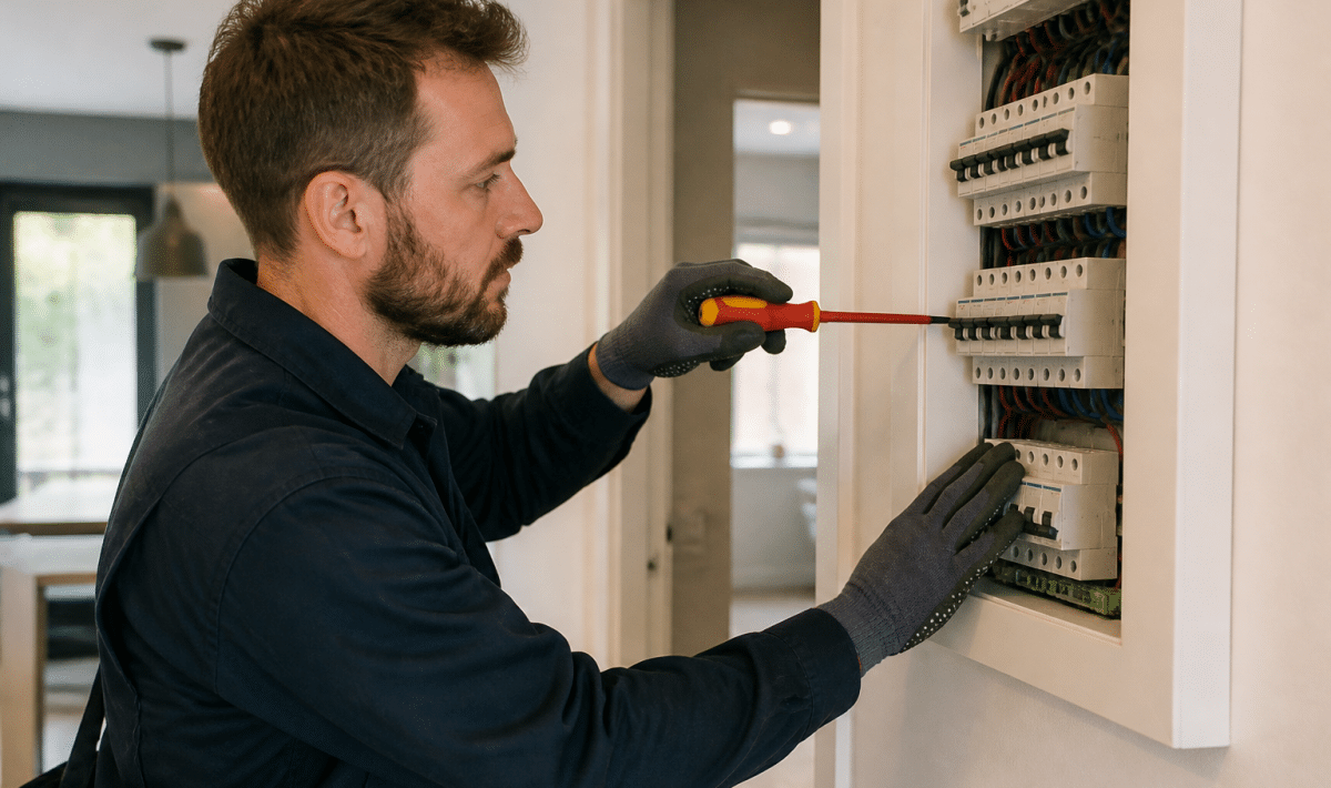 Electricien inspectant panneau disjoncteur mur maison moderne