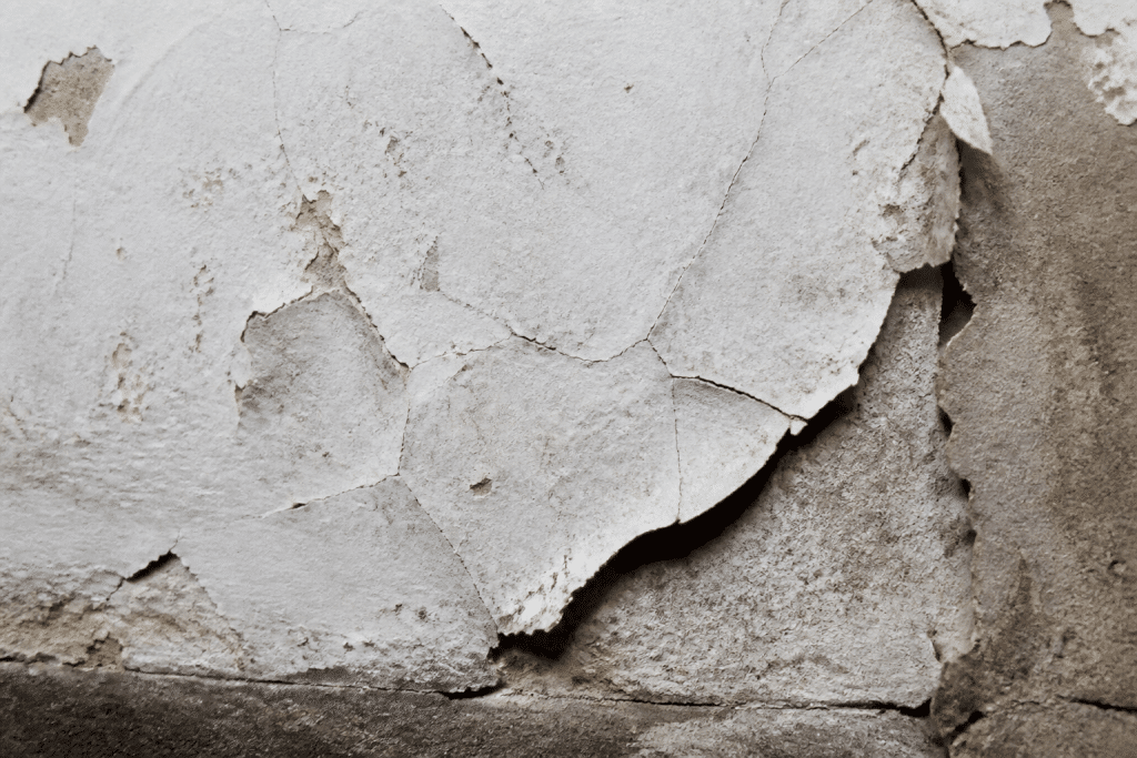 Enduit qui se décolle d'un mur humide et fissuré