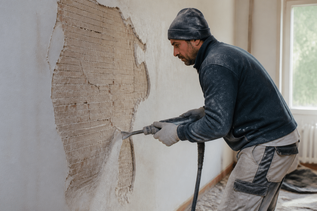 Ouvrier enleve crepi mur interieur avec burins pneumatiques