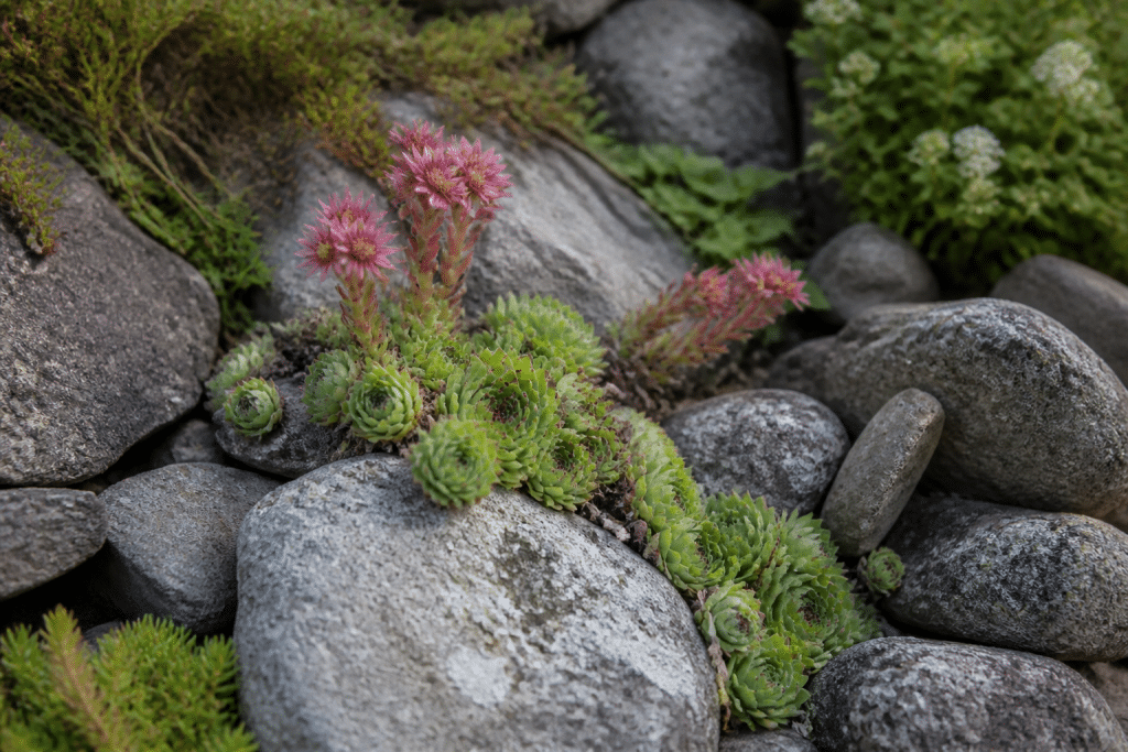 Pierres grises avec plantes succulentes vertes et fleuries