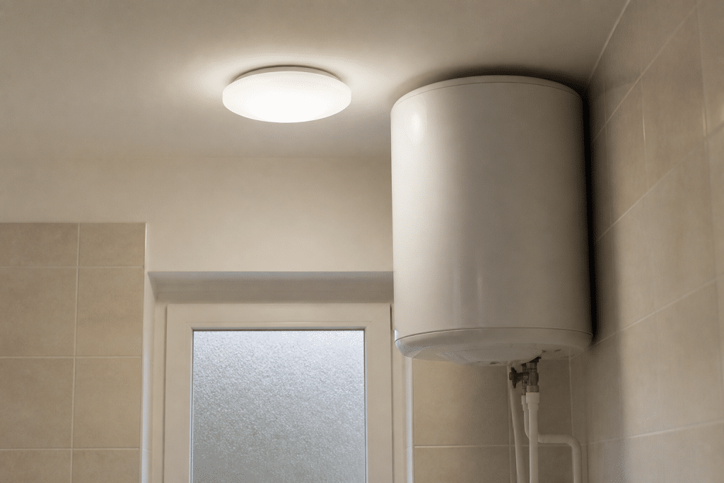 Luminaire etanche et chauffe-eau dans salle bain
