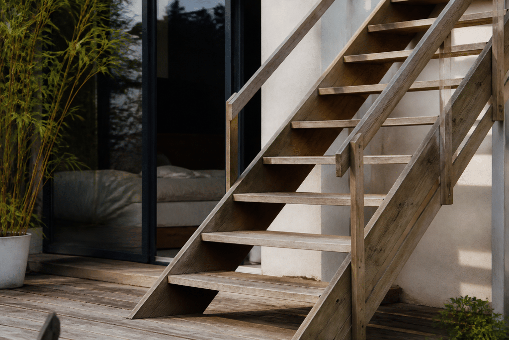 Escalier bois naturel sur terrasse avec marches apparentes