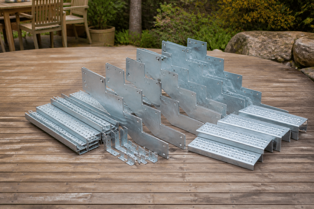 Composants escalier exterieur assembles sur terrasse bois