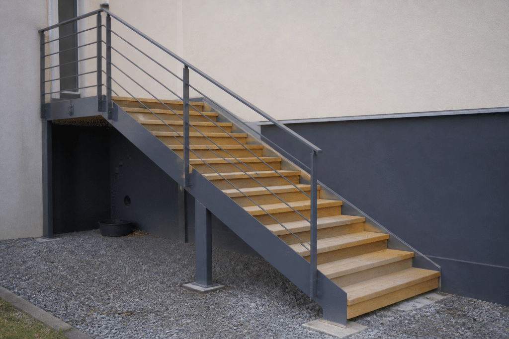 Escalier prefabrique avec marches bois et garde-corps gris