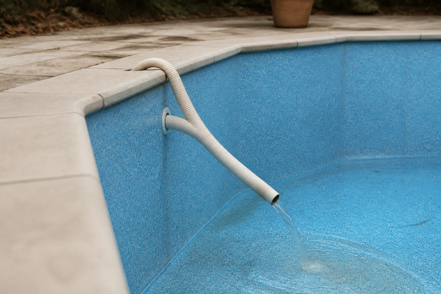 Tuyau d'evacuation vide une piscine bleue