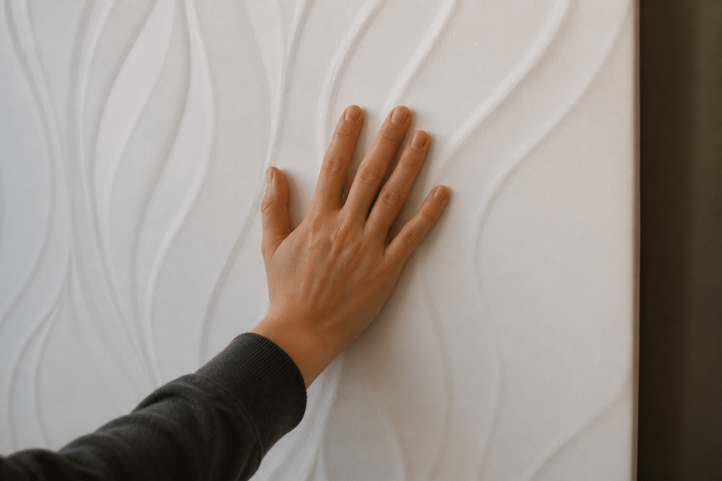 Main collant appliquee sur panneau decoratif mural blanc