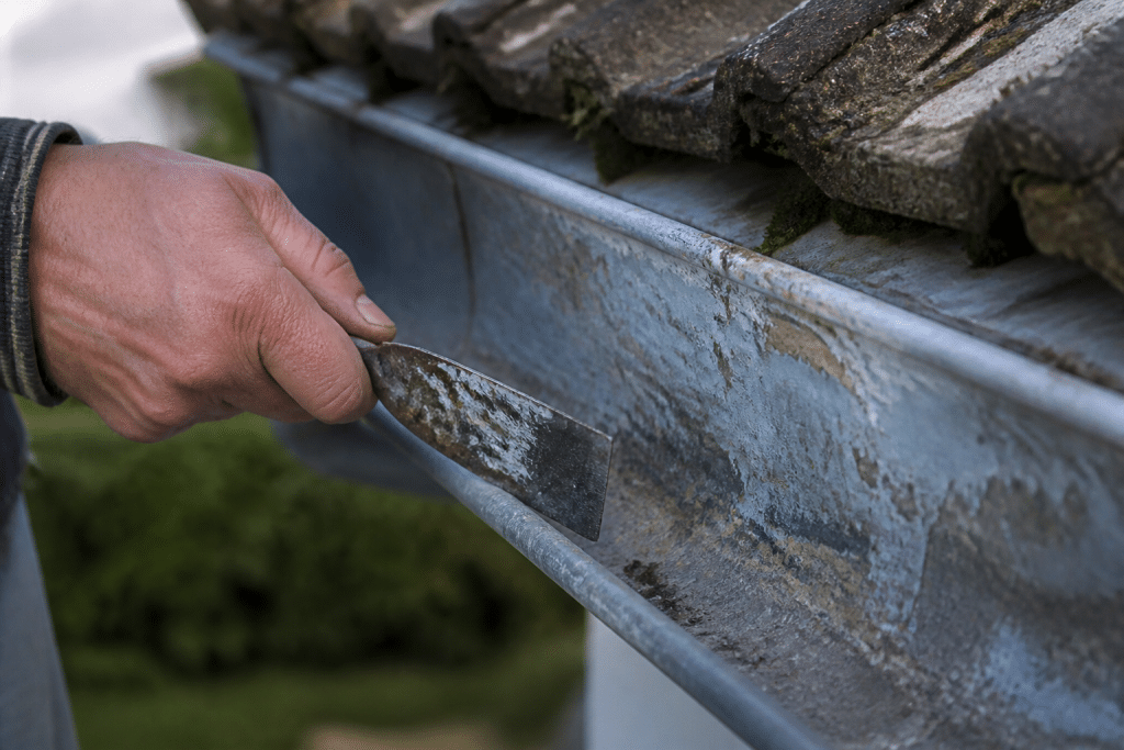 Gouttière zinc oxydée grattée à la spatule métallique