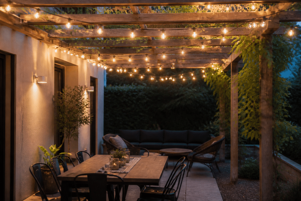 Guirlandes lumineuses blanches illuminant pergola terrasse soir