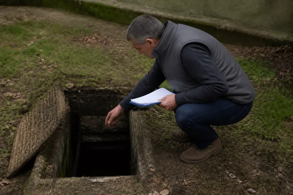 Inspecteur examine fosse septique avec document diagnostic