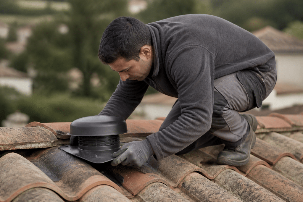 Ouvrier fixant chapeau VMC sur tuiles toit