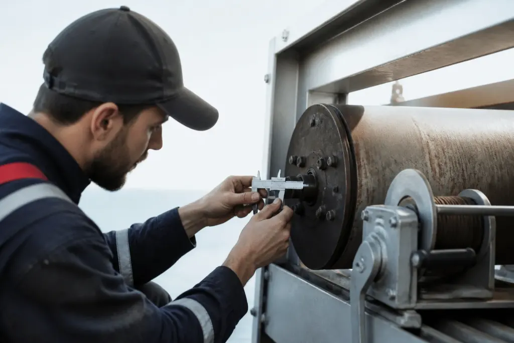 Technicien mesure axe moteur tubulaire avec treuil manuel visible