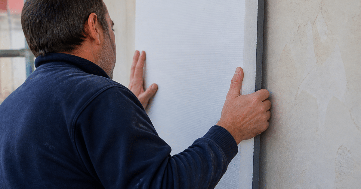 Ouvrier fixant panneau isolant rigide verticalement contre paroi blanche