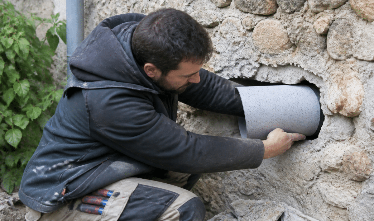 Technicien installant tube ventilation horizontal dans mur ancien pierre