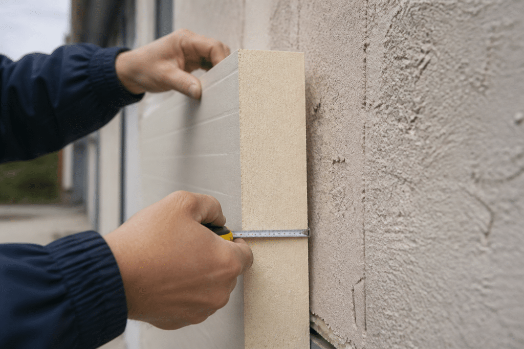 Panneaux isolants polyuréthane mesurant épaisseur contre mur.