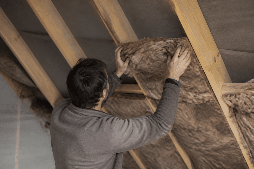 Ouvrier installant isolant entre charpente en bois