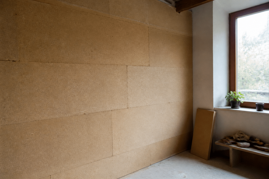 Panneaux isolants fibre bois appliques sur mur interieur