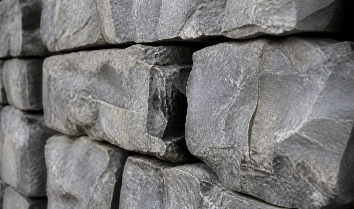 Murs epais de pierre grise empiles verticalement