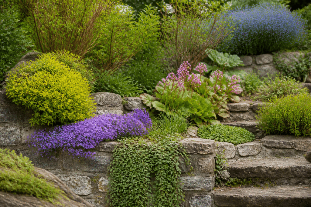 Jardin en étages avec arbustes, vivaces colorées et couvre-sol