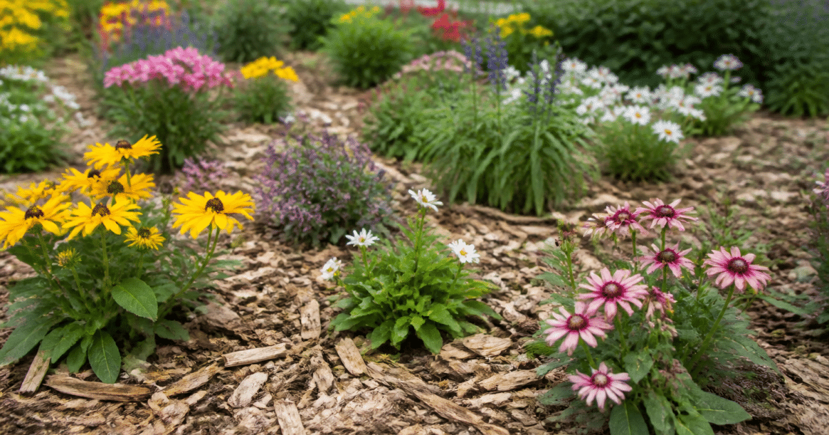 Parterre de fleurs colorees espacees avec paillis entre les plantes