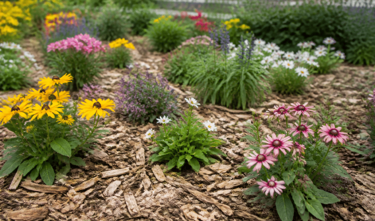 Parterre de fleurs colorees espacees avec paillis entre les plantes