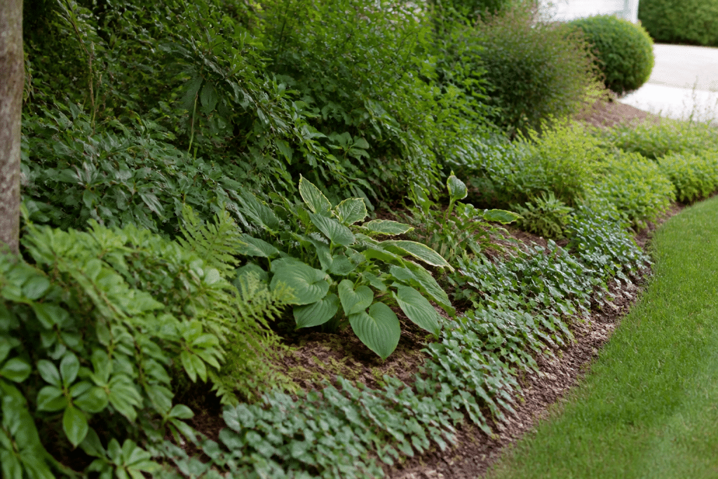 Massif de plantes avec paillis et couvre-sols bien établis
